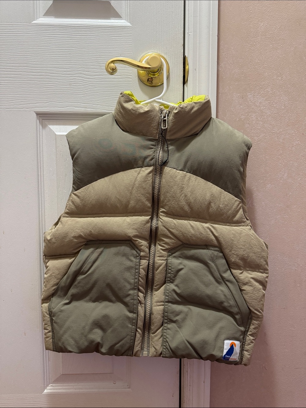 Zara Two-Tone Puffer Vest in Olive & Tan with Neon Lining